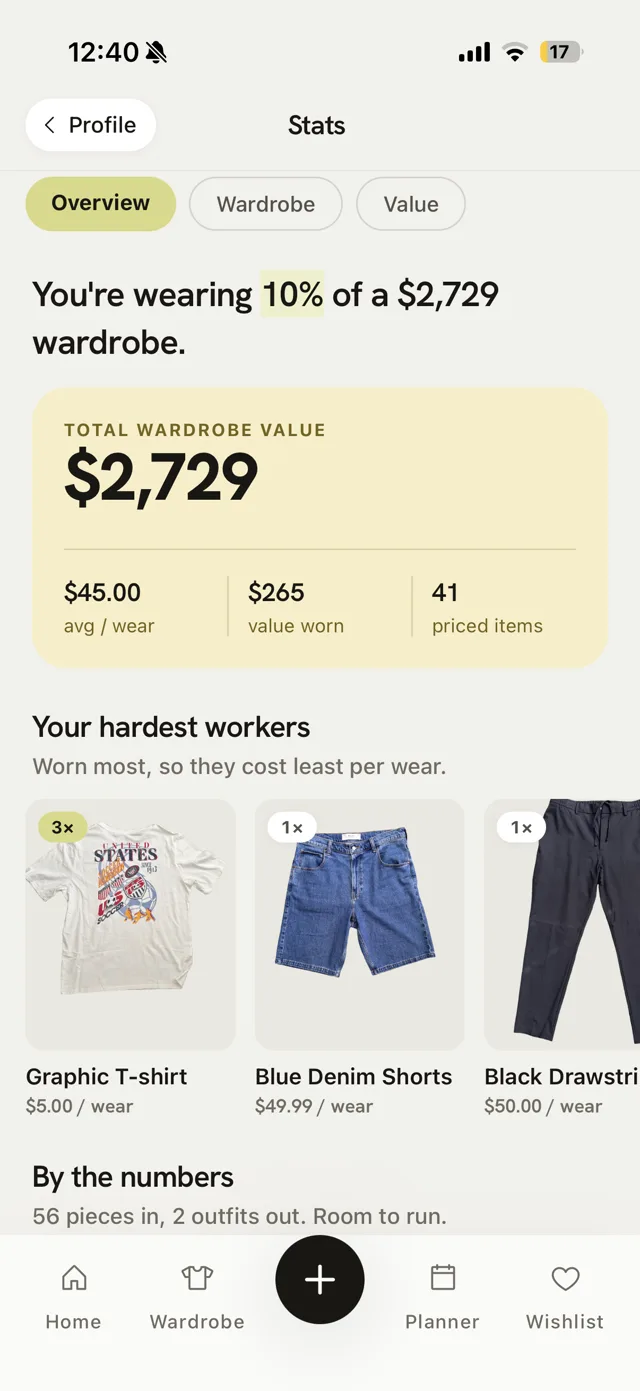 MODA wardrobe stats screen